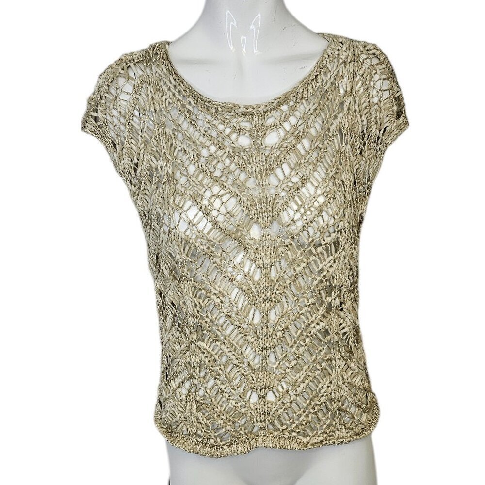 Eileen Fisher Womens Open Knit Metallic Crew Neck Blouse, Cotton, Size XS